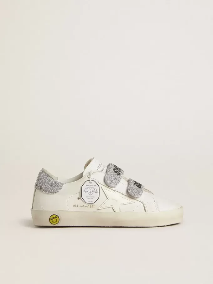 Teen Old School aus weißem Leder mit silberner Swarovski-Kristall-Fersenkappe und Riemen