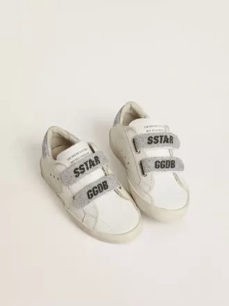 Teen Old School aus weißem Leder mit silberner Swarovski-Kristall-Fersenkappe und Riemen