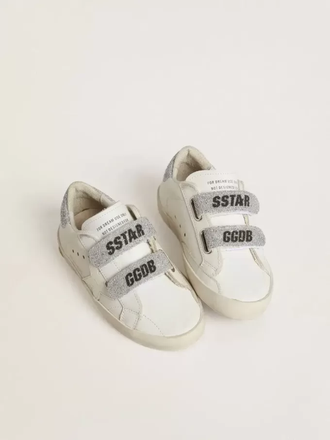 Teen Old School aus weißem Leder mit silberner Swarovski-Kristall-Fersenkappe und Riemen