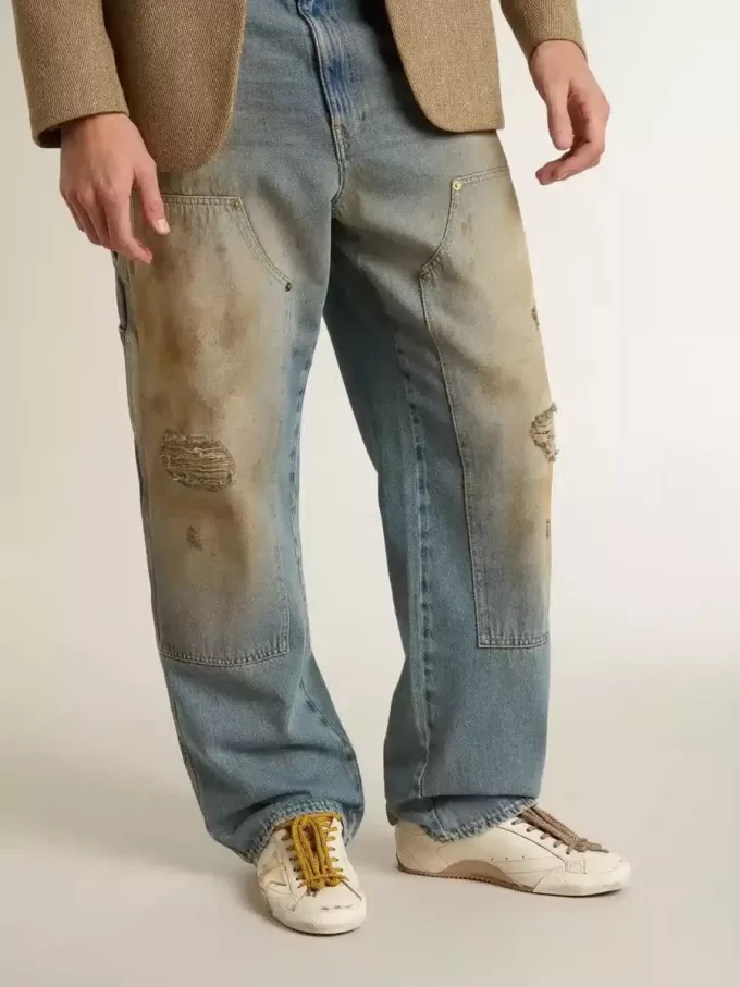 True-Star für Herren aus weißem Nappaleder mit goldfolienbeschichtetem Lederstern und beigem Wildleder-Fersenriemen