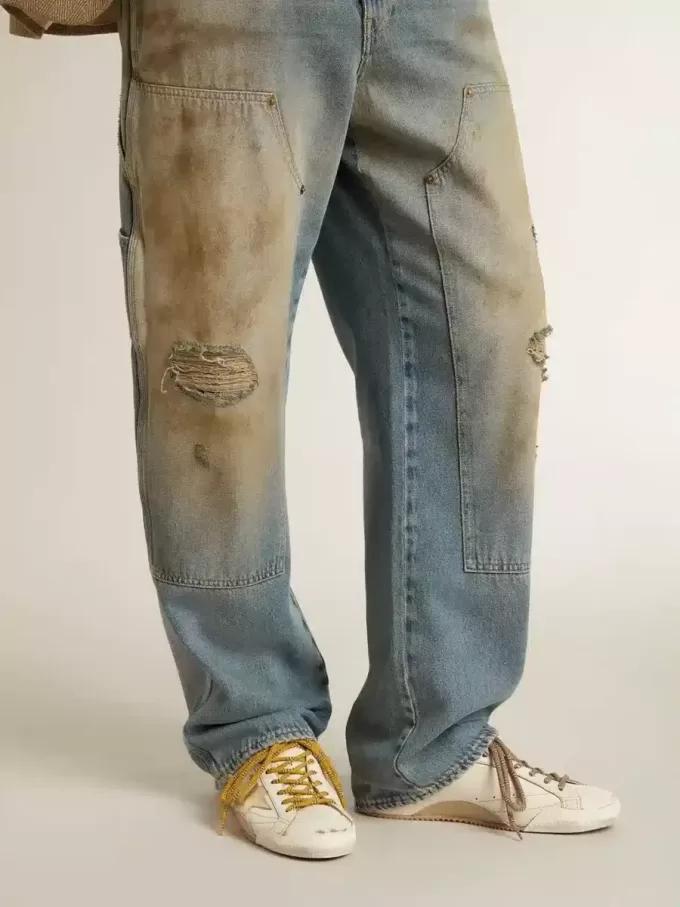 True-Star für Herren aus weißem Nappaleder mit goldfolienbeschichtetem Lederstern und beigem Wildleder-Fersenriemen