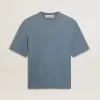 Unisex-Baumwoll-T-Shirt in Babyblau mit Reverse-Print auf der Rückseite