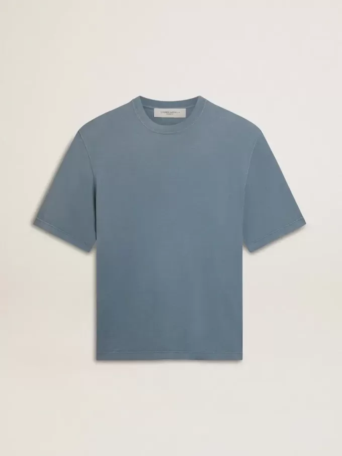 Unisex-Baumwoll-T-Shirt in Babyblau mit Reverse-Print auf der Rückseite