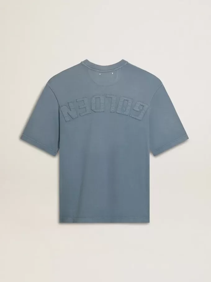 Unisex-Baumwoll-T-Shirt in Babyblau mit Reverse-Print auf der Rückseite