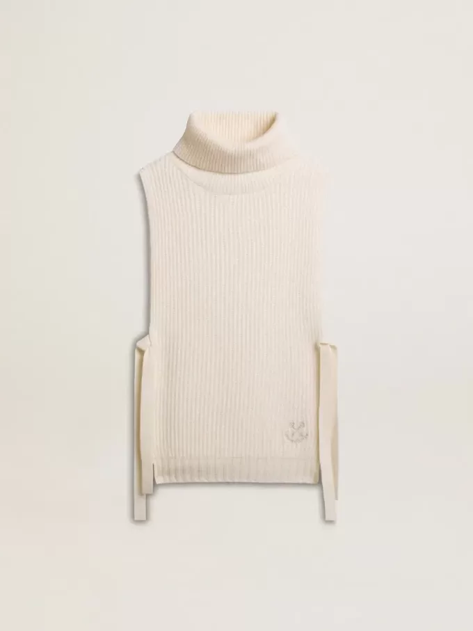 Unisex-Pullover mit hohem Kragen und ohne Ärmel aus gerippter Wolle in Weiß Unisex-Pullover mit hohem Kragen und ohne Ärmel aus gerippter Wolle in Weiß