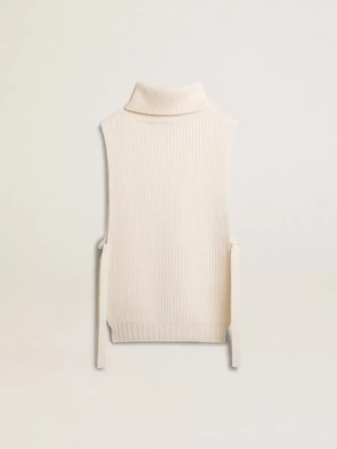 Unisex-Pullover mit hohem Kragen und ohne Ärmel aus gerippter Wolle in Weiß Unisex-Pullover mit hohem Kragen und ohne Ärmel aus gerippter Wolle in Weiß