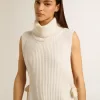 Unisex-Pullover mit hohem Kragen und ohne Ärmel aus gerippter Wolle in Weiß Unisex-Pullover mit hohem Kragen und ohne Ärmel aus gerippter Wolle in Weiß