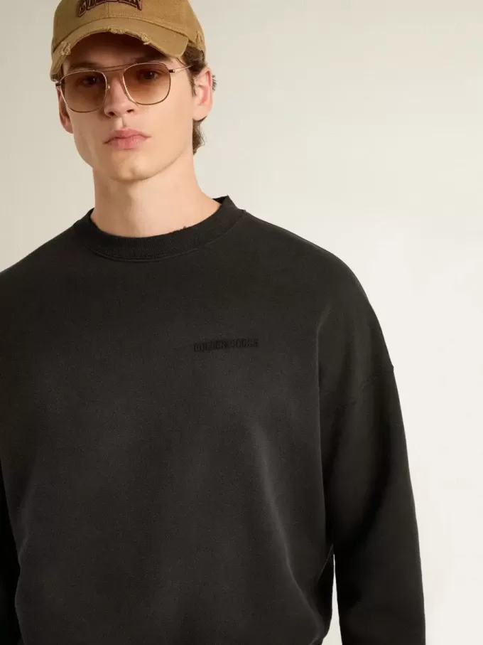 Unisex-Sweatshirt aus abgenutzter schwarzer Baumwolle mit Logo-Stickerei