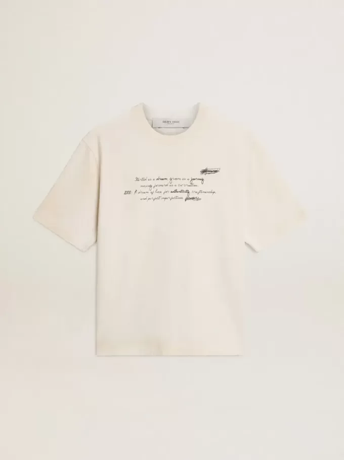 Unisex-T-Shirt in Used-Weiß mit aufgedrucktem Schriftzug