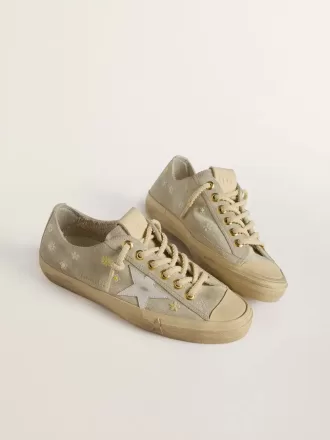 V-Star für Damen aus eisgrauem Wildleder mit weißem Lederstern und Blumenstickerei