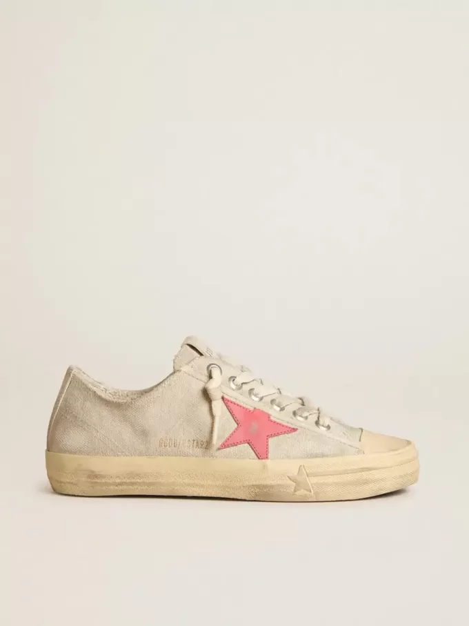 V-Star für Damen aus hellgrauem Canvas mit rotem Lederstern
