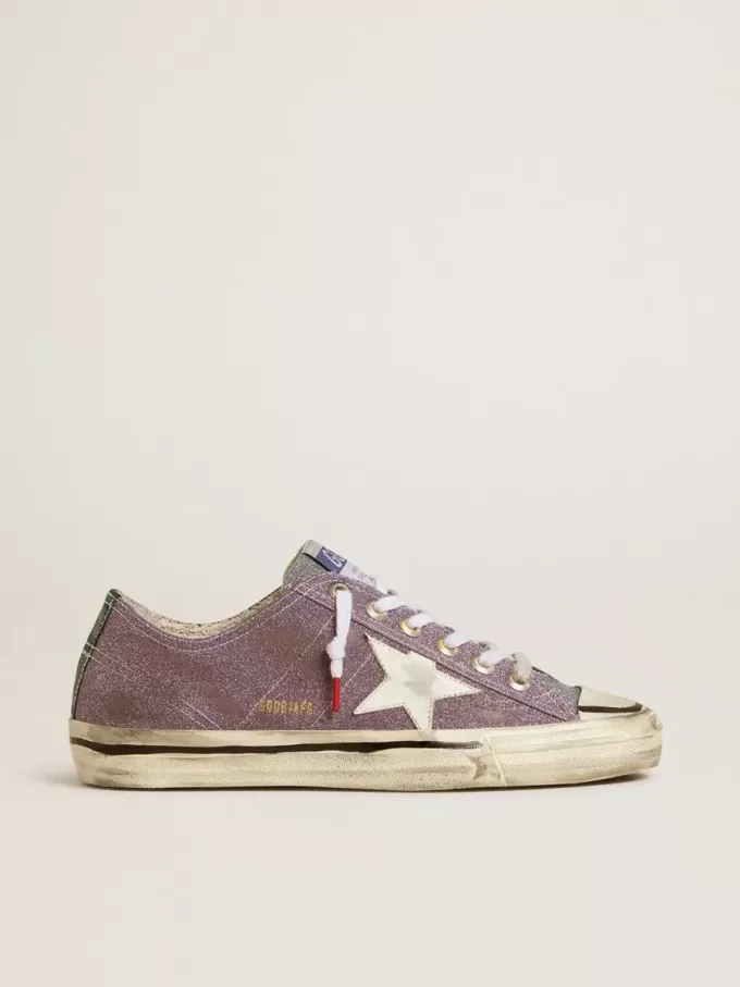 V-Star LAB für Damen aus lila Leder und Glitzer mit weißem Stern und silberner Glitzerzunge V-Star LAB für Damen aus lila Leder und Glitzer mit weißem Stern und silberner Glitzerzunge