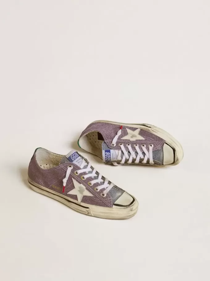 V-Star LAB für Damen aus lila Leder und Glitzer mit weißem Stern und silberner Glitzerzunge V-Star LAB für Damen aus lila Leder und Glitzer mit weißem Stern und silberner Glitzerzunge