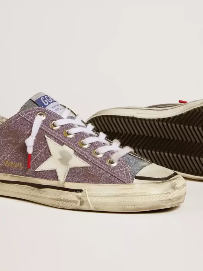 V-Star LAB für Damen aus lila Leder und Glitzer mit weißem Stern und silberner Glitzerzunge V-Star LAB für Damen aus lila Leder und Glitzer mit weißem Stern und silberner Glitzerzunge