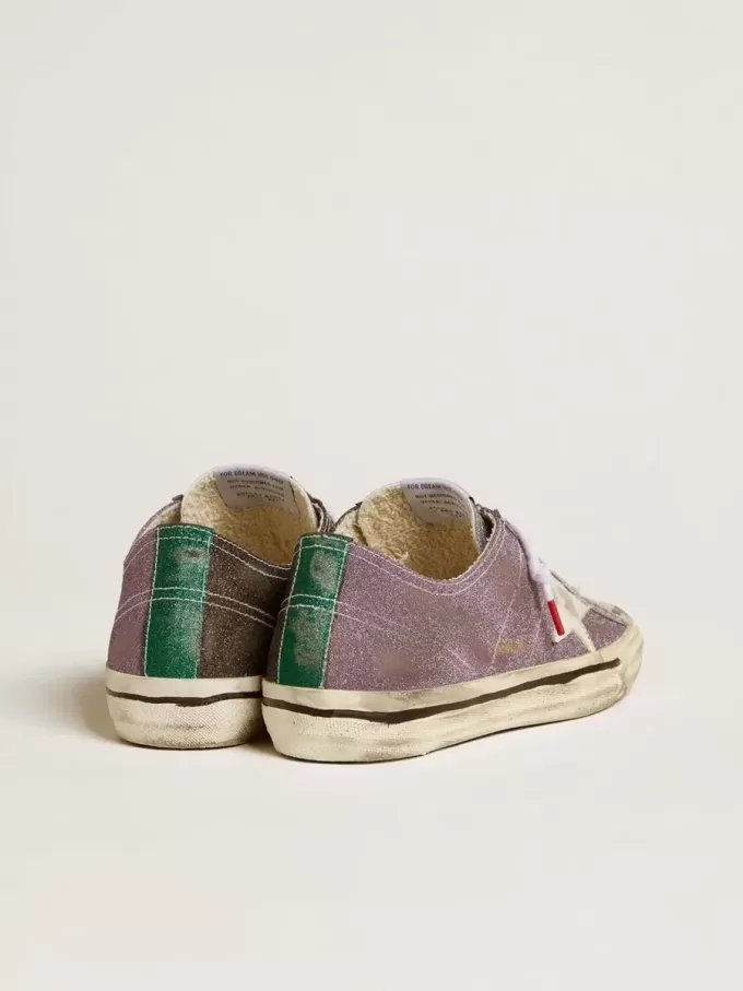 V-Star LAB für Damen aus lila Leder und Glitzer mit weißem Stern und silberner Glitzerzunge V-Star LAB für Damen aus lila Leder und Glitzer mit weißem Stern und silberner Glitzerzunge