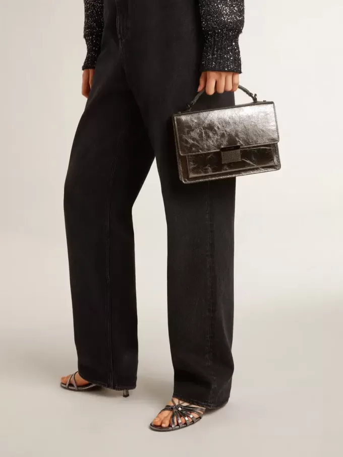 Venezia Tasche aus anthrazitgrauem Metallic-Leder mit schwarzen Details