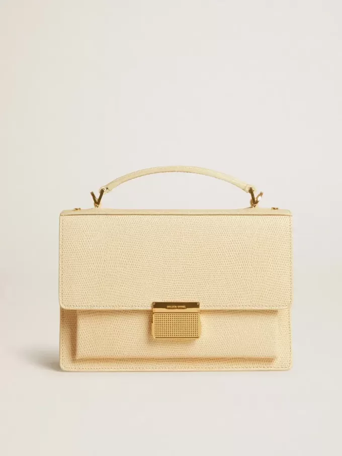 Venezia Tasche aus beigem Leder mit Python-Print und goldenen Details
