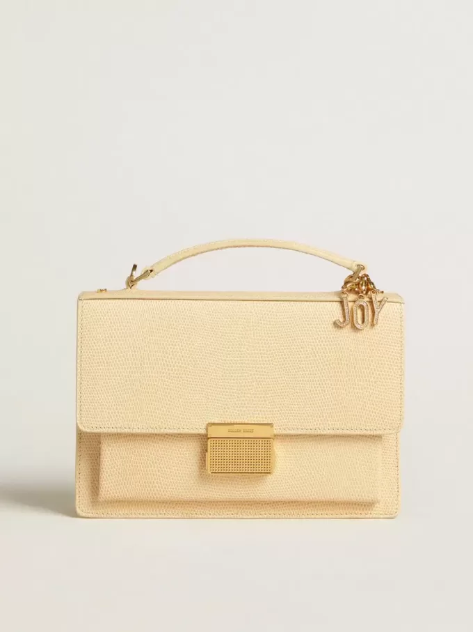 Venezia Tasche aus beigem Leder mit Python-Print und goldenen Details