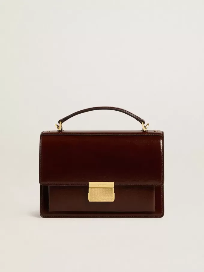 Venezia Tasche aus dunkelbraunem laminiertem Leder mit goldenen Details