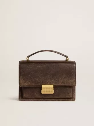 Venezia Tasche aus dunkelbraunem Vintage-Prägeleder mit goldenen Details
