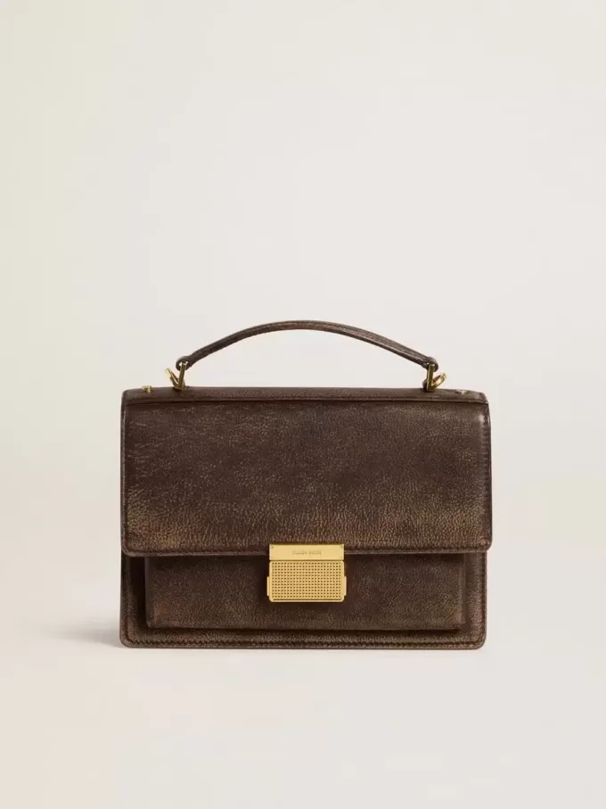 Venezia Tasche aus dunkelbraunem Vintage-Prägeleder mit goldenen Details