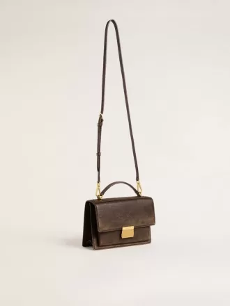 Venezia Tasche aus dunkelbraunem Vintage-Prägeleder mit goldenen Details