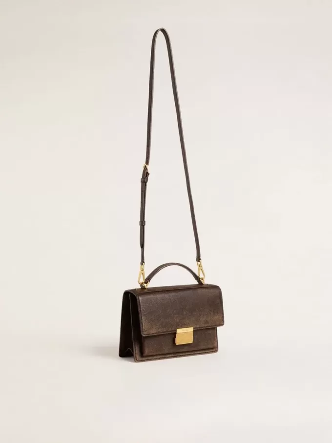 Venezia Tasche aus dunkelbraunem Vintage-Prägeleder mit goldenen Details