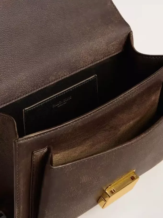 Venezia Tasche aus dunkelbraunem Vintage-Prägeleder mit goldenen Details