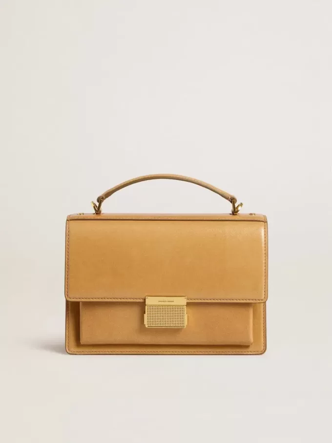 Venezia-Tasche aus ockergelbem geprägtem Leder mit goldenen Details
