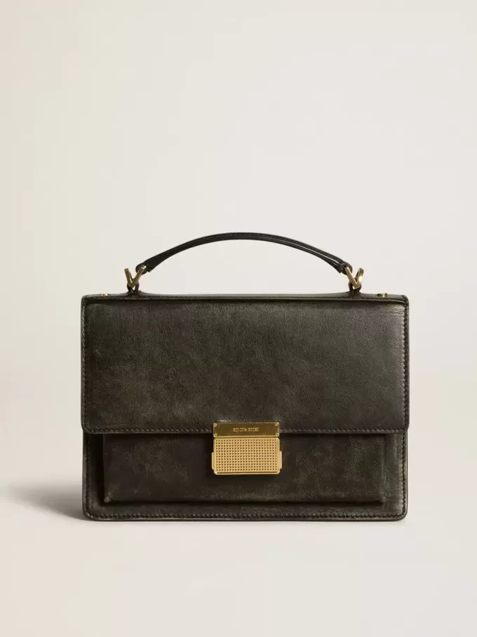 Venezia Tasche aus schwarzem Distressed-Leder mit goldenen Details