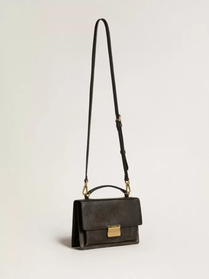 Venezia Tasche aus schwarzem Distressed-Leder mit goldenen Details