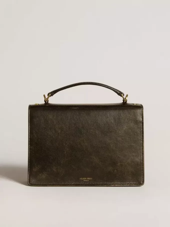 Venezia Tasche aus schwarzem Distressed-Leder mit goldenen Details