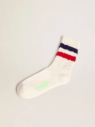 Vintage-weiße Socken mit Used-Details und zweifarbigen Streifen