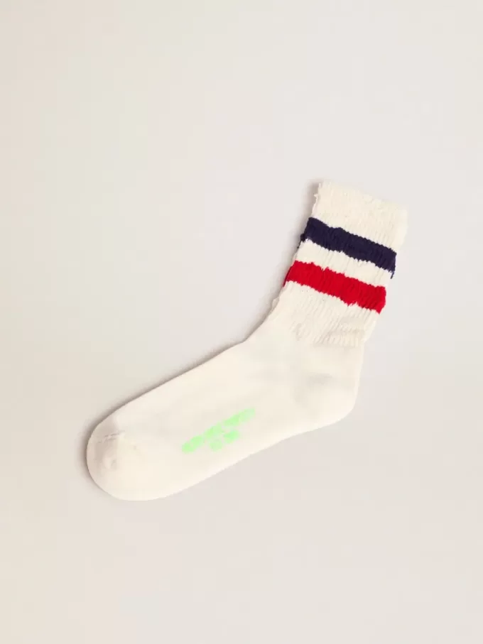Vintage-weiße Socken mit Used-Details und zweifarbigen Streifen
