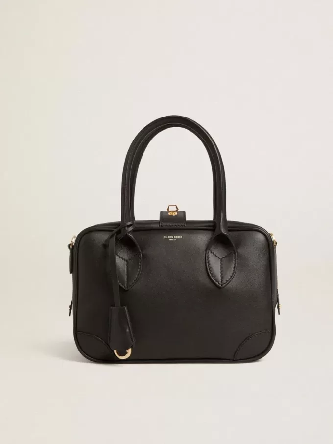 Vita Bag aus glattem schwarzem Leder mit goldenen Details