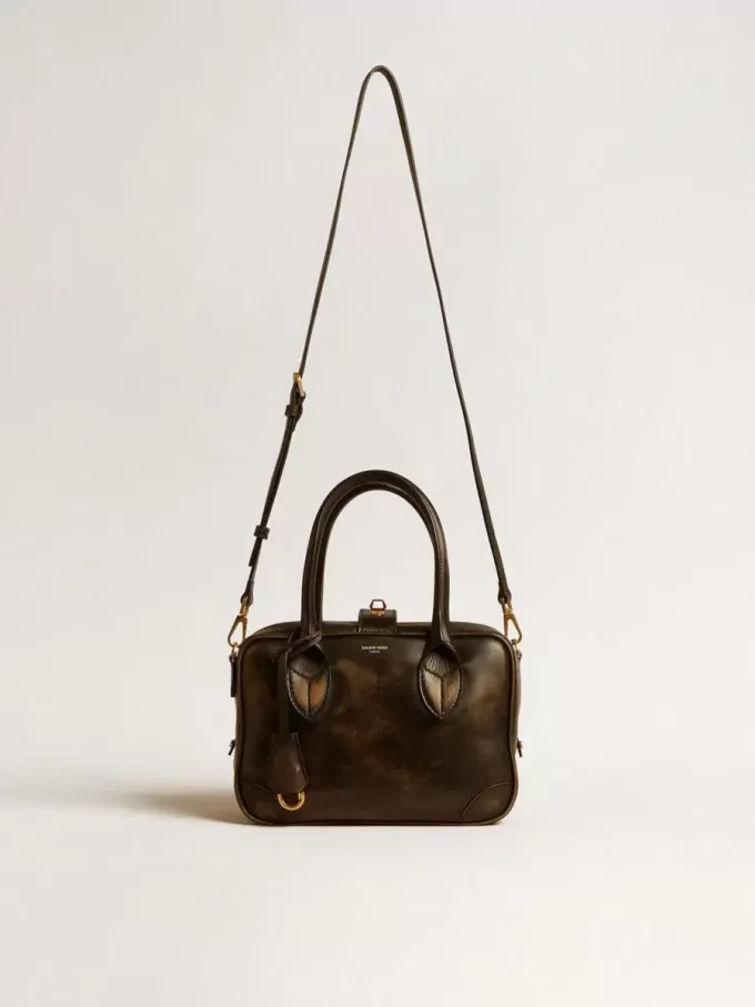 Vita Bag aus schwarzem Distressed-Leder mit goldenen Details
