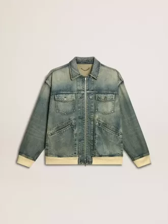 Waschene Denimjacke für Herren mit Rippstrick aus Wollmischung