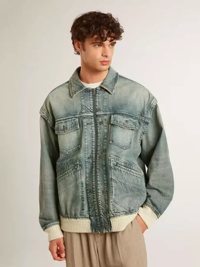 Waschene Denimjacke für Herren mit Rippstrick aus Wollmischung