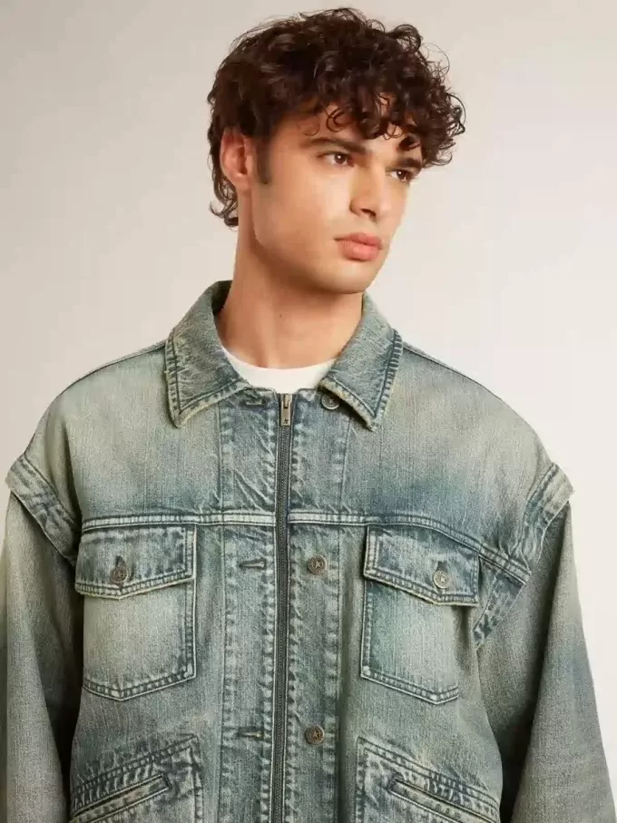 Waschene Denimjacke für Herren mit Rippstrick aus Wollmischung