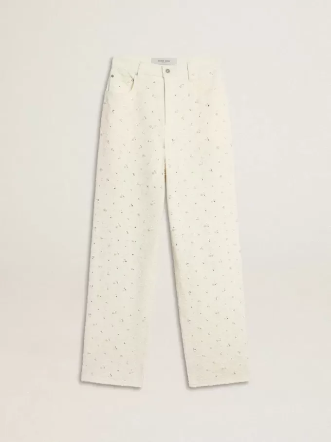 Weiße Jeanshose für Damen mit Perlenstickerei und Kristallen