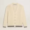 Weißer Baumwollcardigan für Herren mit Zopfmuster und blauen Rippbündchen