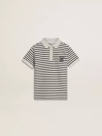 Weißes Baumwoll-Polohemd für Jungen mit marineblauen Streifen und Stickerei