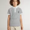 Weißes Baumwoll-Polohemd für Jungen mit marineblauen Streifen und Stickerei