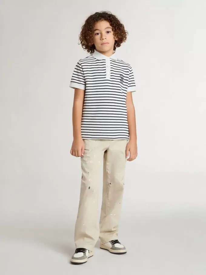 Weißes Baumwoll-Polohemd für Jungen mit marineblauen Streifen und Stickerei