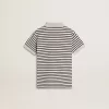 Weißes Baumwoll-Polohemd für Jungen mit marineblauen Streifen und Stickerei