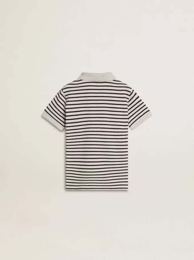 Weißes Baumwoll-Polohemd für Jungen mit marineblauen Streifen und Stickerei