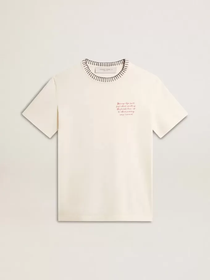 Weißes Baumwoll-T-Shirt für Damen mit Handstickerei Weißes Baumwoll-T-Shirt für Damen mit Handstickerei