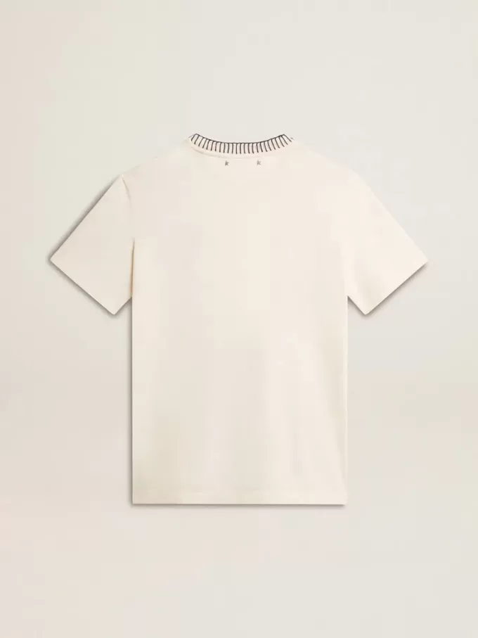 Weißes Baumwoll-T-Shirt für Damen mit Handstickerei Weißes Baumwoll-T-Shirt für Damen mit Handstickerei