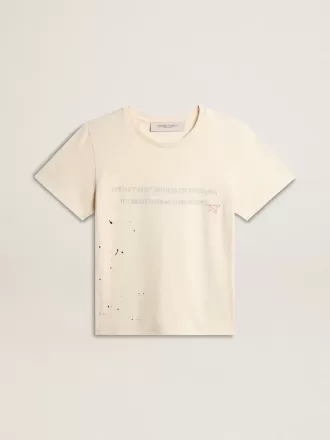Weißes Baumwoll-T-Shirt für Damen mit Print und Stickerei