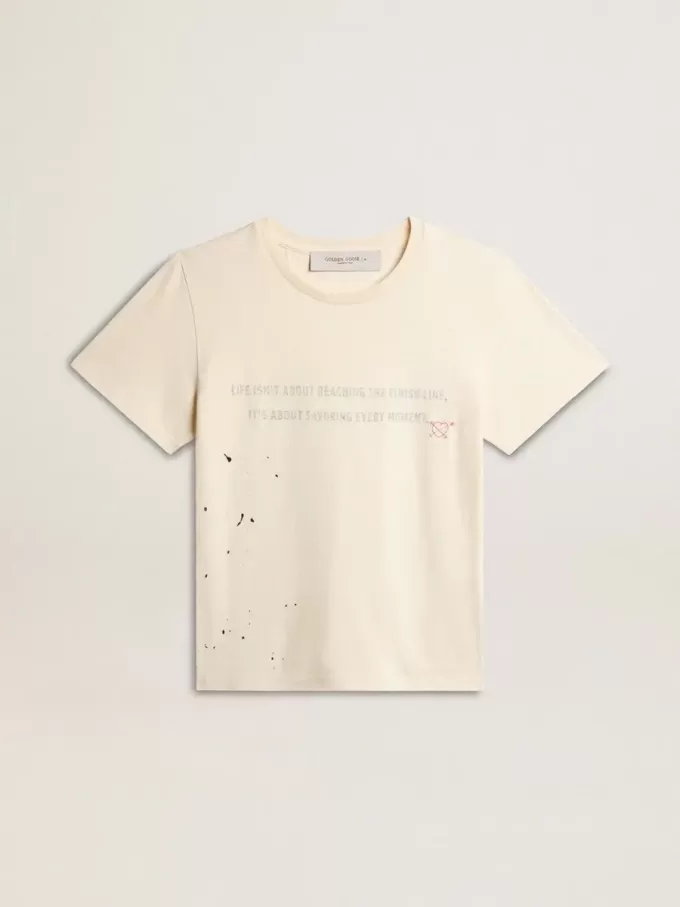 Weißes Baumwoll-T-Shirt für Damen mit Print und Stickerei